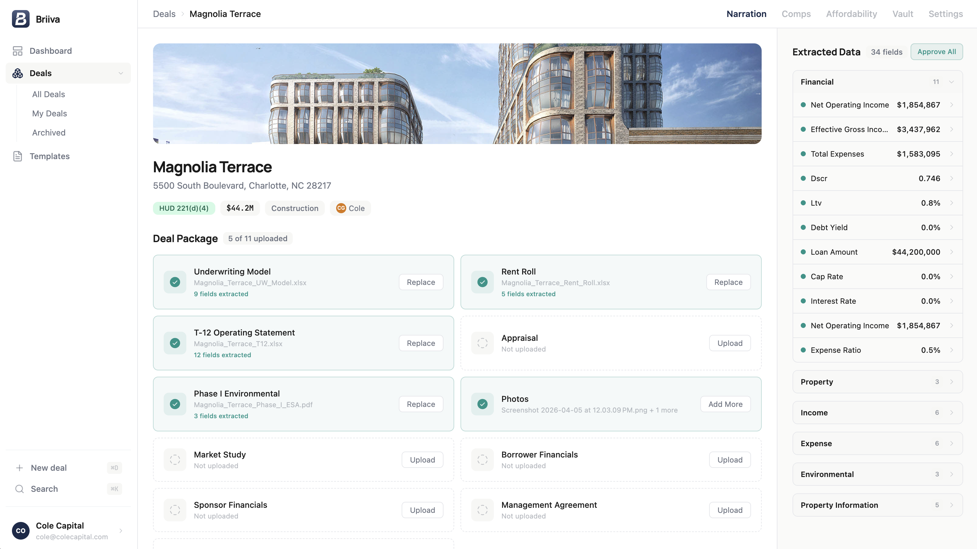 Briiva deal detail dashboard showing document uploads, extracted financial data, and narrative generation